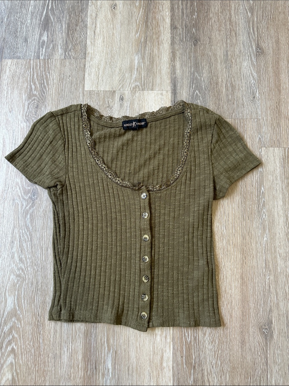 Almost Famous Olive Green Ribbed Lace-Trim Button Front Top